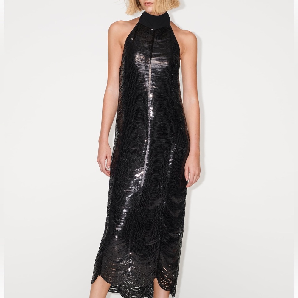 Zara Black Sequin Halter Top Long Dress M New